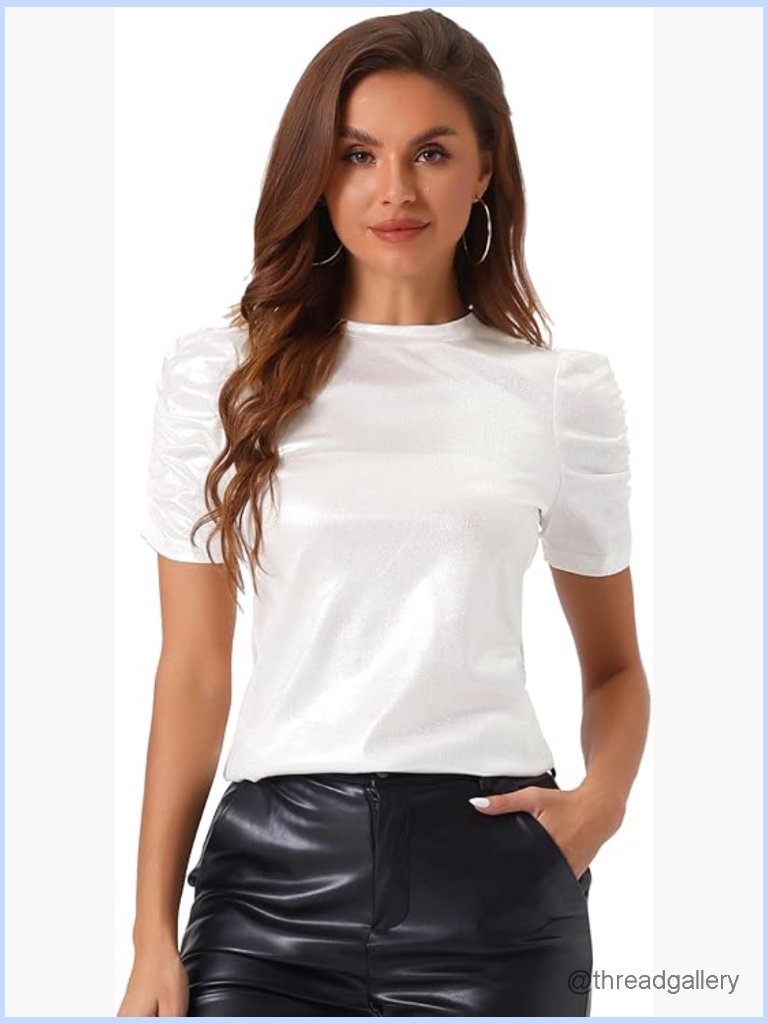 Women's Metallic Glitter Puff Sleeve Party Top Shiny Sparkly Disco